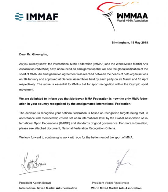 Федерация ММА РМ автоматически станет частью Международной федерации ММА после окончательного слияния двух гигантов.