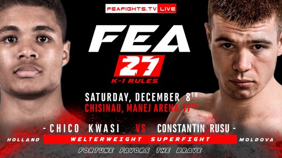 FEA 27, îl vom vedea în acțiune pe actualul campion din categoria de până la 77 kg, Constantin Rusu, împotriva tânărului olandez, Chico Kwasi.